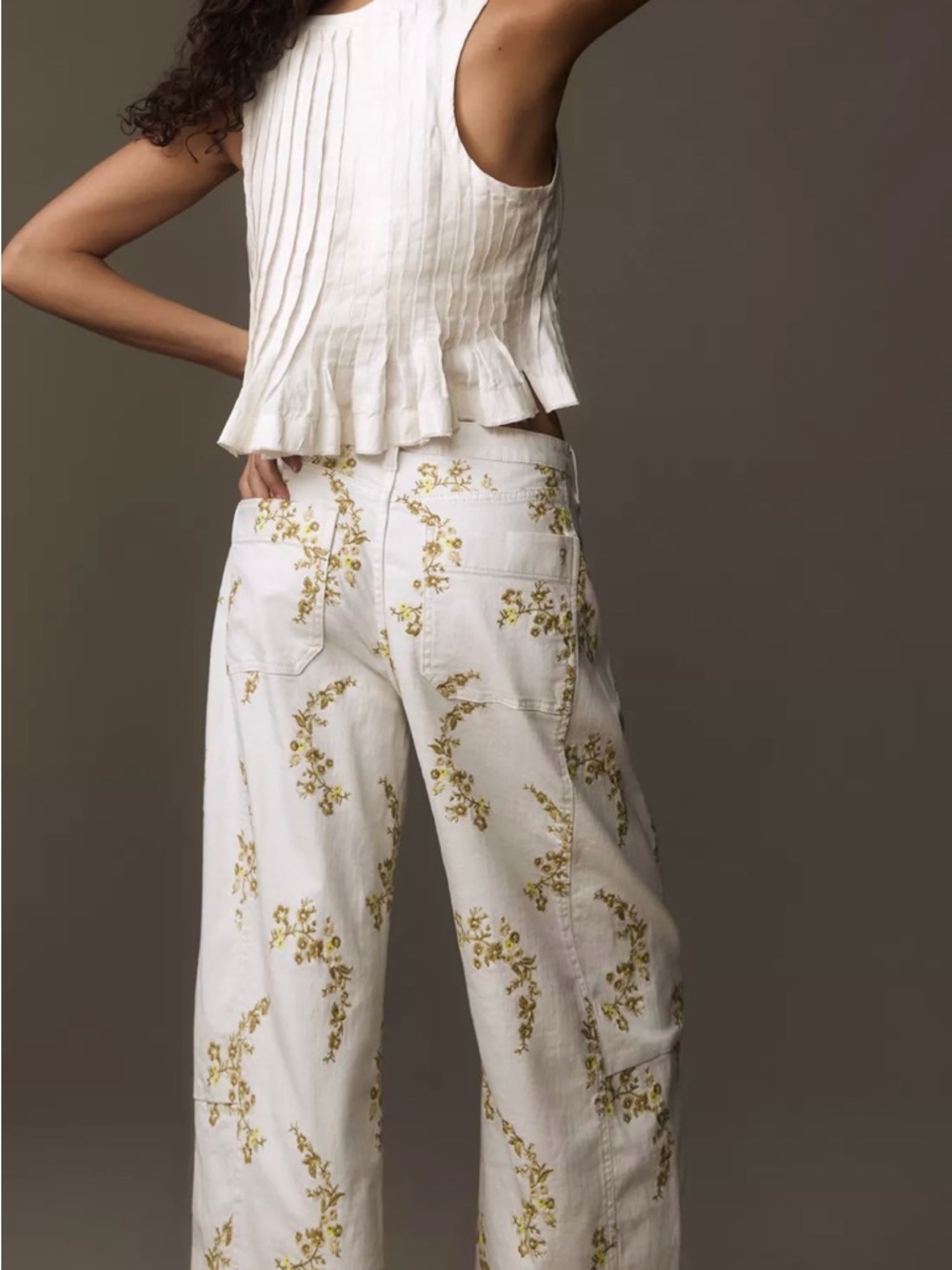 Anthropologie cream barrel Pants with Yellow/green Floral Embroidery - Picture 2 of 16